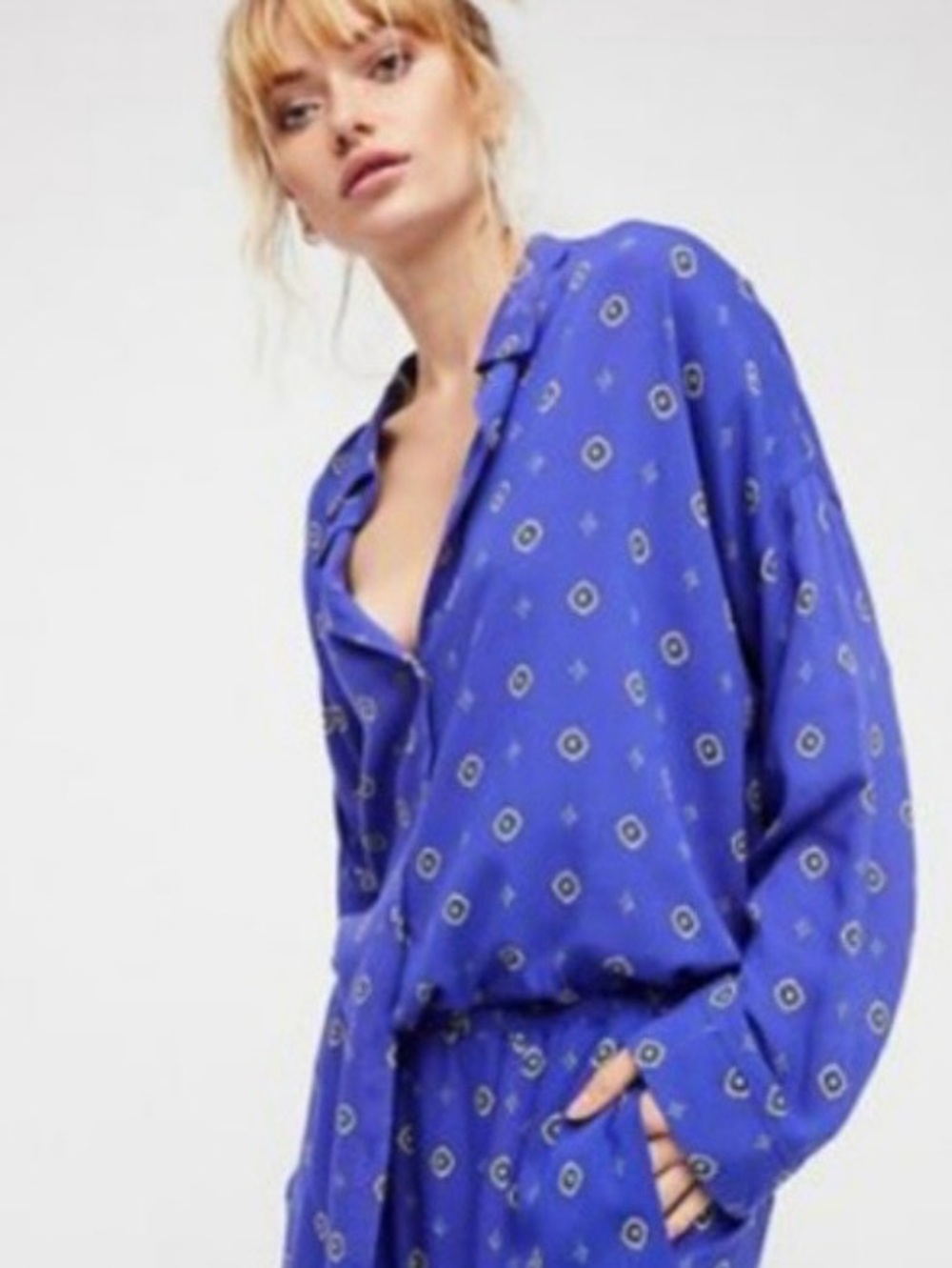 Free People *Royal Silk Blue Diamond Print Button-Up Lounge Top *Blouse*Size Lrg